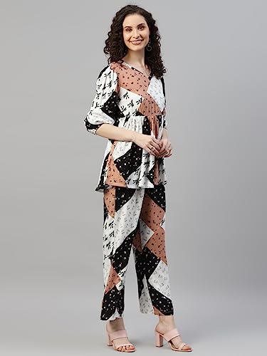 Image of DEEBACO Women's Patch Print Rayon Flared Tunic & Pants Co-Ord Set for Women V-Neck & 3 /4 Puff Sleeve Ladies Party Casual Wear Fashionable for Girls Relaxed Fit Cord Set (DBCOMR00000885 XS Multicolor)