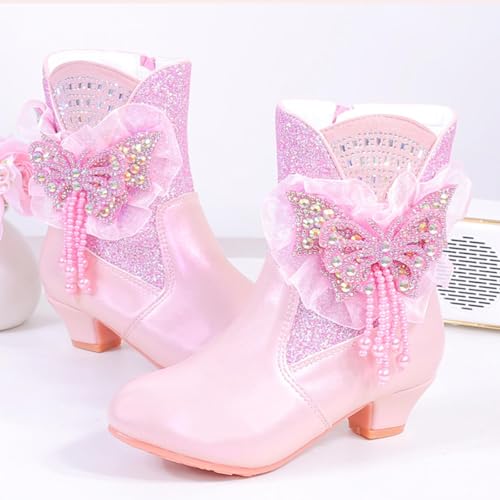 Girls Cute Ankle Boots Butterfly Pearl Sequin Dress Boots Chunky Heel Side Zipper Short Booties for Kids 3-12 Years2