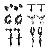 PiercingJak Gothic Ohrstecker Schwarz Ohrringe Set 6 Paar Edelstahl Creolen Tragus Ohr Knorpel Barbell Stud Piercing Spikes Nieten Kreuz Bat Schädel Punk Rock Schmuck Unisex