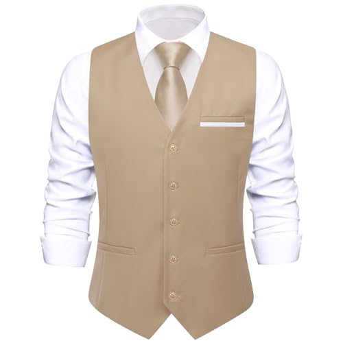 Image of Hi-Tie Men's Formal Suit Vest Solid Fit Vest for Men 3 Pockets V Neck Waistcoat Business Wedding Casual
