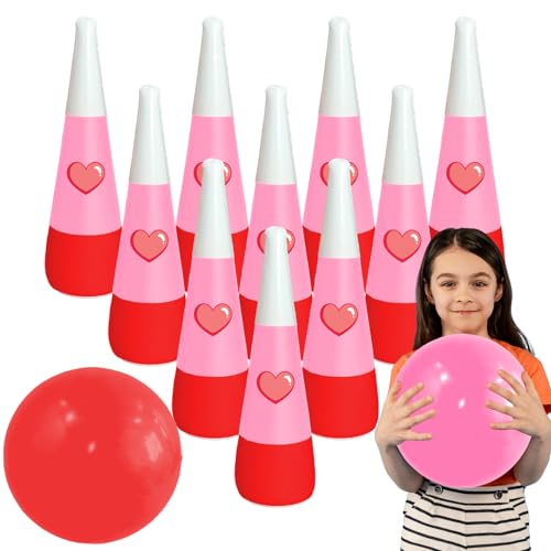 Quasynel 12 Pcs Valentine's Day Inflatable Bowling Set - 10Pcs 21.5inch Pink Heart Pins with 2pcs 13.8inch Red and Pink Bowling Balls Indoor Outdoor for Valentine's Day Festival Party Game Supplies