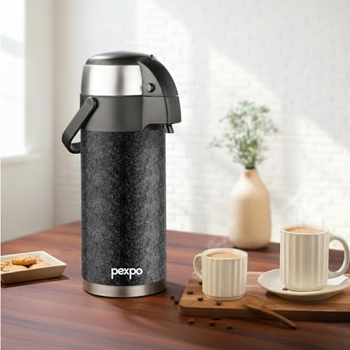 Image of Go24 pexpo AquaPort Stainless Steel Vacuum Insulated Beverage Dispenser with Pump - 3.5 LTR | Hot & Cold | Double Wall | Sturdy Handle to Carry | Coffee /Tea Carafe - Black