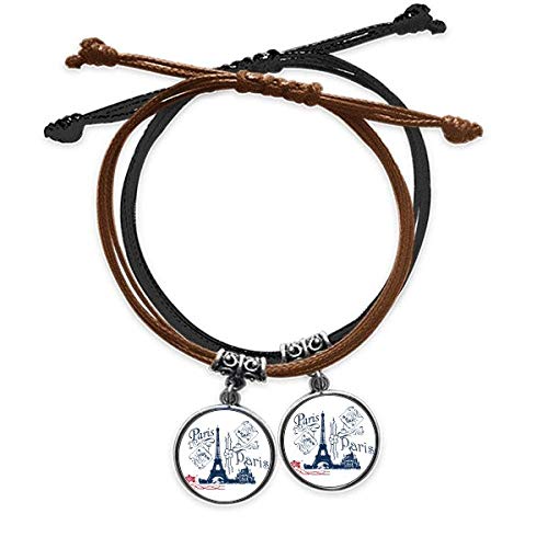 DIYthinker Juego de pulsera de doble cuerda de piel, diseño de la Torre Eiffel, Francia, París, ideal como regalo para parejas