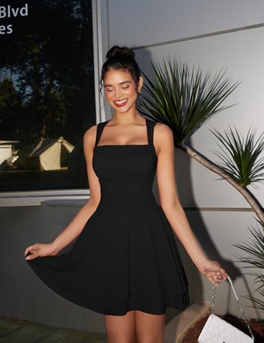 GOKATOSAU Women's Square Neck Sleeveless Bodycon Ruched Waist Flowy A-Line Ruffle Hem Mini Dress3