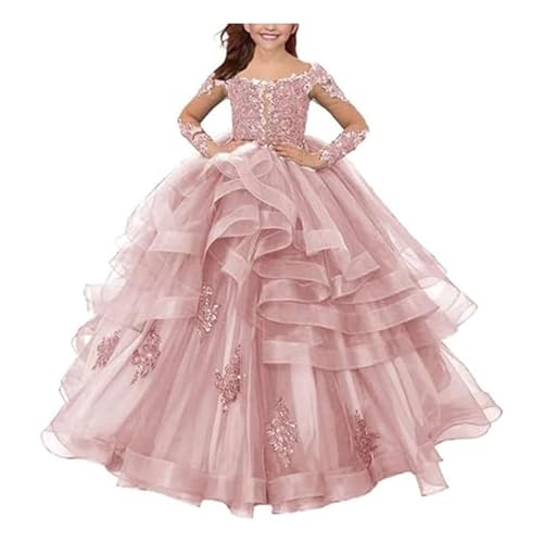 Flower Girl Dresses for Wedding Long Sleeve Tulle Tiered Princess Pageant Dresses for Girls Ruffles Prom Ball Gown