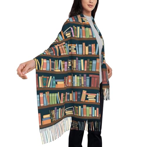 Cartoon Bookshelf Bookworm print Oversized winter tassel shawl Scarf Fashion tassel shawl with styling4