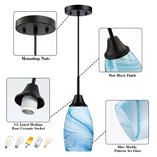Viinew 12AAPD-BMBL-3P Mini Glass Pendant Light 3-Pack 4.72 Inch With Handblown Blue Marble Art Oval Glass Lamp Ceiling Hanginglight,For Dining Room,Kitchen,Foyer,Hallway thumb #7