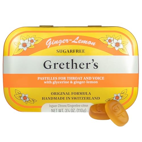 GRETHERS Sugarfree Ginger Lemon Pastilles Premium Swiss Throat Lozenges for Dry Mouth & Throat Comfort Citrus-Fresh Flavor Gluten & Lactose Free Gift for Singers 3.75 oz