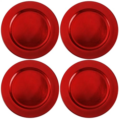 com-four® Platos bajos 4x en rojo - platillos como decoración de mesa - platos decorativos para bodas, celebraciones familiares o Navidad - Ø 32 cm