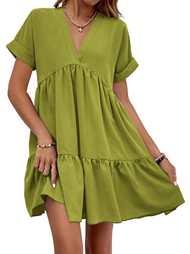 Image of WDIRARA Women's Roll Up Short Sleeve V Neck Ruffle Hem Solid Swing Smock Dress
