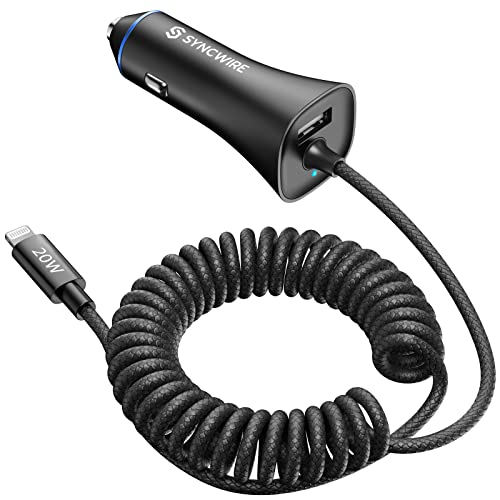Image of [Apple MFi Certified] Syncwire iPhone Car Charger 32W Super Fast Car Charger iPhone Cigarette Lighter USB Car Adapter with Build-in 6.5FT Lightning Cable Coiled for Apple iPhone 14 /13 /12 /11 /Max, iPad