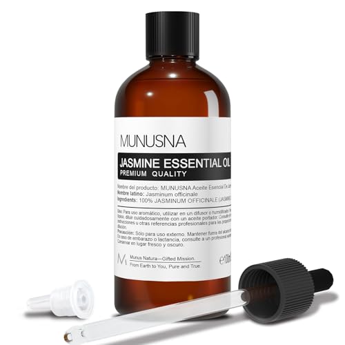 Aceite Esencial Jazmín 100ML, MUNUSNA Aceites Esenciales Naturales Puros para la Relajación - Aceite Fragancia Jazmín para Humidificador, Difusor, Jabón, Velas, Masaje, Jasmine Oil