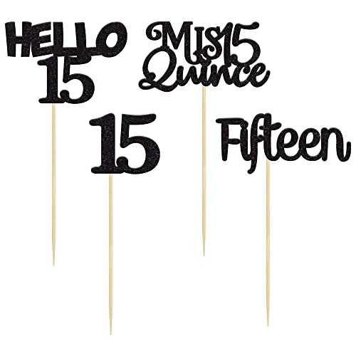 Gyufise 24Pcs Black Glitter 15th Birthday Cupcake Toppers Mis Quince 15 Cake Toppers Hello 15 Fifteen Cupcake Picks for 15th Birthday Cake Decorations Supplies