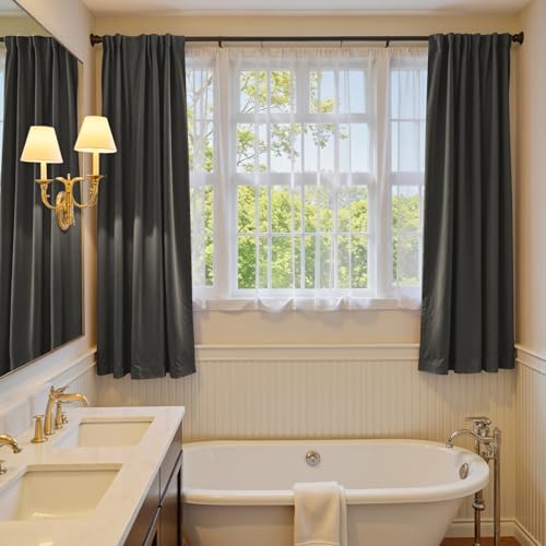Image of Grey Velvet Curtains Modern Luxury Rod Pocket 52x72 Inch 2 Panels | Soft Velvet, Room Darkening, For Small Windows, Kitchens & Bathrooms, Light Shifting Texture, Elegant Drape, Cozy