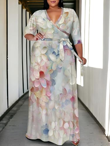 Image of SUZONANA Women's Plus Size Maxi Dresses Casual Loose Short Sleeve Long Maxi Dress with Belt Wedding