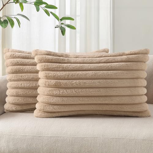 Image of Pallene Faux Fur Plush Lumbar Throw Pillow Covers 12x20 Set of 2, Luxury Soft Fluffy Striped Decorative Pillow Covers for Sofa, Couch, Living Room, Khaki