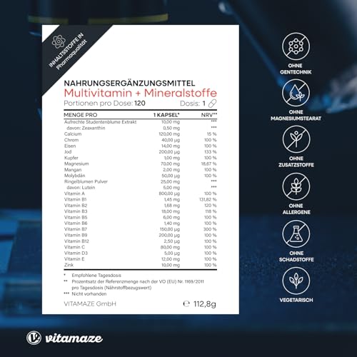 Multivitamin Kapseln hochdosiert, 23 wertvolle Vitamine A-Z & Mineralien, 120 vegetarische Kapseln für 4 Monate, Vitalstoffe & Spurenelemente optimal kombiniert – Bild 6