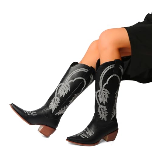 Cowboy Boots For Women Black Cowgirl Boot Wide Calf Knee High Western Booties High Heel Comfy Embroidery Bootie3