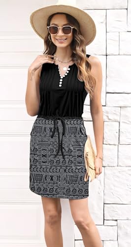 Image of ETCYY Womens Summer Casual Dresses Sleeveless Beach Vacation Sundresses Drawstring Waist Short Striped Dress with Pockets