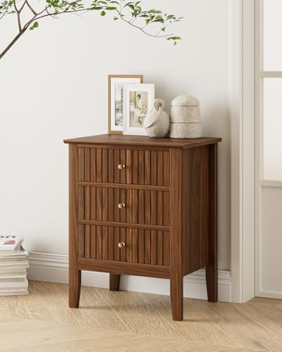 Image of Night Stand, Fluted Nightstand Bedside Tall Farmhouse Nightstand with 3 Drawers, Mid Century Modern Side Accent Table,Bedside End Table for Bedroom, Living Room, Walnut