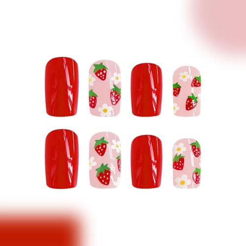 Image of Red Press on Nails Strawberry Fake Nails Short Square False Nails with Design Nude Glue on Nails Acrylic Full Cover Glossy Stick on Nails for Women Girls Spring Manicure 24Pcs