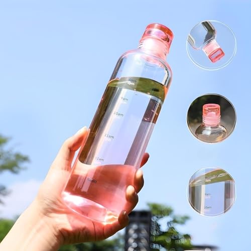 Image of Glass Water Bottle with Time Marker - 500ml Leakproof Reusable Bottle - BPA-Free Transparent Bottle with Colored Lids - Drinking Fridge Bottles Water, Milk, Lassi, Juices, Beverages (pink)