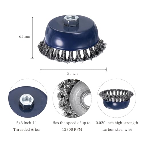 Image of Twisted Knotted Wire Cup Brush for Angle Grinder - [5 Inch] for Paint Stripping Cleaning Rust Duty Abrasive, 5 /8 Inch-11 Threaded Arbor, .020 Carbon Steel Wire, Blue