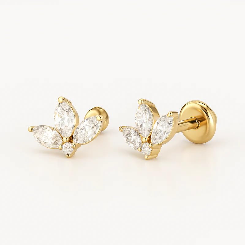 Image of 925 Silver Leafy Stud Earrings, 18K 1 Micron Gold Vermeil, White Cubic Zirconia, Screw Back