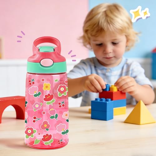 Image of 14oz Florals Kids Water Bottle with Straw Lid - Colorful Flowers Water Bottles for Kids, Leakproof, Lightweight, Durable Plastic Bottles for School, Pop-Up Straw Cover, Gift Cup for Girls(Flower)