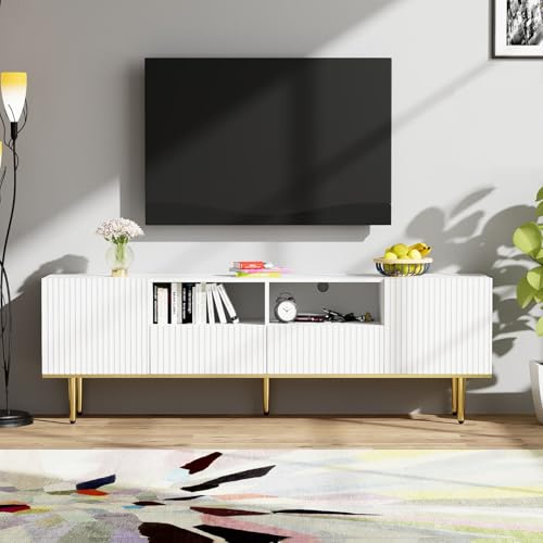 PUGSDRLY Meuble TV avec Rangement,2 Portes et 2 Tiroirs,Meuble TV Bas,Design élégant et Moderne,Pieds dorés (Blanc, 165x36x55cm)