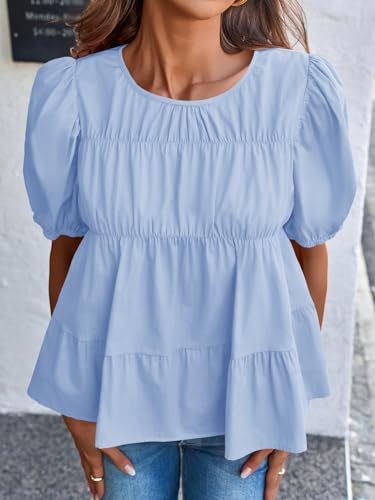 Image of Tankaneo Womens Puff Sleeve Peplum Babydoll Tops Summer Flowy Pleated Cotton T-Shirts Casual Loose Fit Cute Blouse