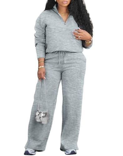 Adogirl Women 2 Piece Outfits Sweatsuit Set Fall Long Sleeve Half Zip Sweatshirt Wide Leg Sweatpants Tracksuit Lounge Matching Sets Gray M