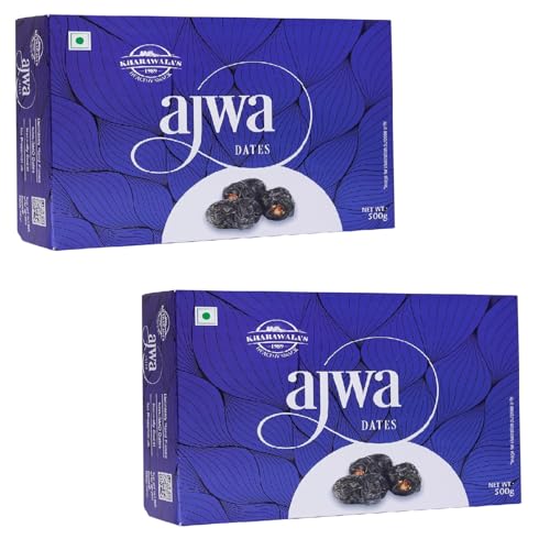 Image of KHARAWALA's Ajwa Dates 500gms | From the finest farms | Fresh & Authentic dry fruits | Saudi Arabia (Pack of 2-500gm Each)