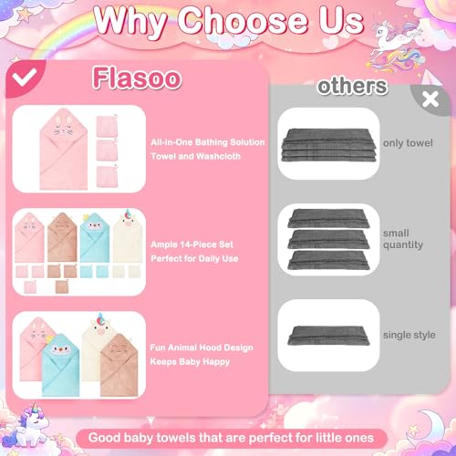 Image of 14 Baby Towel Set, Soft Baby Bath Towels and Washcloths Set-Bath Essentials | 4 Pcs Hooded Bath Towel & 10 Pcs Baby Washcloths for Infant, Toddler & Kid for Boy & Girl(Unicorn & Bunny & Kitten & Chick)