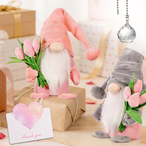 KBIBCK Tulip Gonks Faceless Dwarf Doll 2 PCS Spring Gonks Faceless Dwarf Doll with Tulip Bouquet Pendant & Heart Card Elf Figure Tabletops Gnomes Ornament for Mother Daughter Girlfriend Gifts