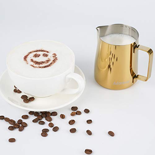 Image of Milk Frothing Pitcher, 350ml (12oz) Steaming Pitchers Stainless Steel Milk Coffee Cappuccino Latte Art Barista Steam Pitchers Milk Jug Cup with Decorating Art Pen, Gold