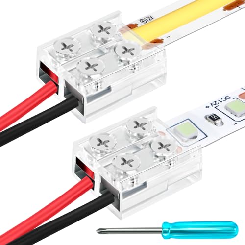VIPMOON 12 Pack COB Led Strip Connectors 2-Pin 10mm, Solderless Transparent LED Tape Lights Connector Tighten Screw Strip to Wire Connectors for COB/SMD 5V 12V 24V 36V Single Color LED Strip Lights