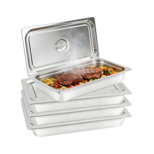 awolsrgiop Lot de 4 Bac Inox Alimentaire, 53.5 x 32.5 x 10 cm Plat Four Rectangulaire, Bac Inox Alimentaire Avec Couvercle, Récipient Gastronorme pour Nourriture, pour...