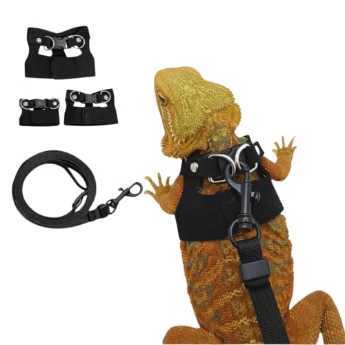 Image of Bearded Dragon Harness and Leash Set, Adjustable Harness Soft Leather-3 Sizes (S, M, L) with Leash, Lizard Reptile Traction Rope Walking Vest Accessories for Bearded Dragon, Iguana or Gecko (Black)