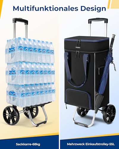 Ytonet Einkaufstrolley Klappbar mit Kühlfach, Einkaufswagen Groß Wasserdicht mit Starrer Bodenplatte für 55 Liter/68 kg, 3 in1 Shopping Trolley Sackkarre & Einkaufstasche mit Großen Rädern, Schwarz