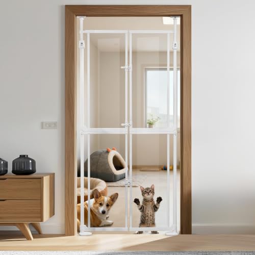 NiceTCU 74.80-98.43 Extra Tall Cat Gate Adjustable 33.86-37.40 Wide Transparent Full Door Pet Gate Auto Close No Drilling Cat Proof Safety Gate for Doorway Stairs- White