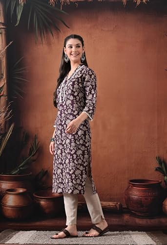 Image of Ichaa Women's Pure Cotton A-Line Ethnic V-Neck Kurta with 3 /4th Sleeve for Daily and Office Wear, in Plus Sizes