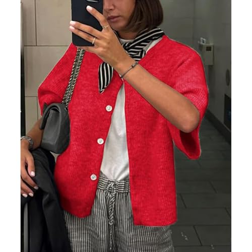 Image of Women Y2k Knitted Crop Cardigan Shirt Short Sleeve Button Down Ribbed Knit Crop Top Outwear Top Tee Shirt