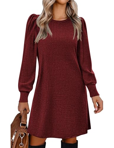 Zeagoo Herbstkleid Damen Elegant Strickkleid Puff Tunikakleid Pulloverkleid mit Taschen Rundhals Winterkleid Langarm Midikleid Rot L