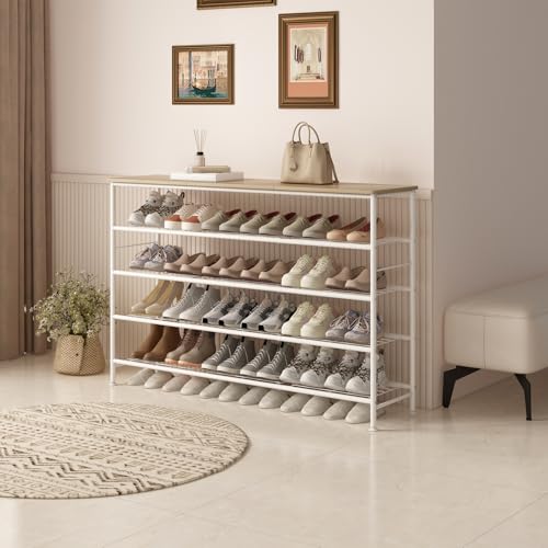 Image of SUOERNUO Shoe Rack Organizer 5 Tier for Closet Entryway Free Standing Metal Storage Shoe Shelf with MDF Top Board (White+Oak, Large 5 Tier)