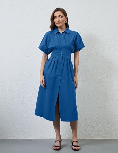 Image of Women Striped Button Down Shirt Maxi Dresses Summer Pleated Short Sleeve Collar Casual Corset Long Dress