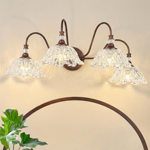 Image of Antique Red Bronze Finish Bathroom Vanity Light, 4-Light Vintage Vanity Light with Floral Clear Glass Shades, Retro Wall Mount Lighting for Bathroom, Dressing Table