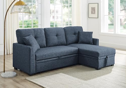 ERYE 83-inch Pull Out Sleeper Couch Bed, L-Shaped Corner Reversible Sleeper Sectional Sofa Polyester Blend Tufted Upholstered Convertible Sofa Bed with Storage Chaise for Home Apartment Living Room