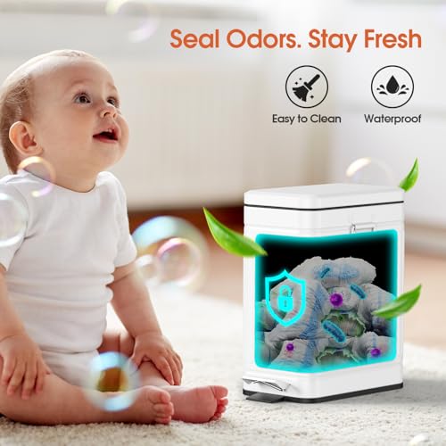 Image of Small Bathroom Trash Can with Lid Soft Close, 6L / 1.6 Gallon Stainless Steel Small Garbage Can with Step Pedal, Slim Waste Basket for Bedroom, Toilet, Office - White