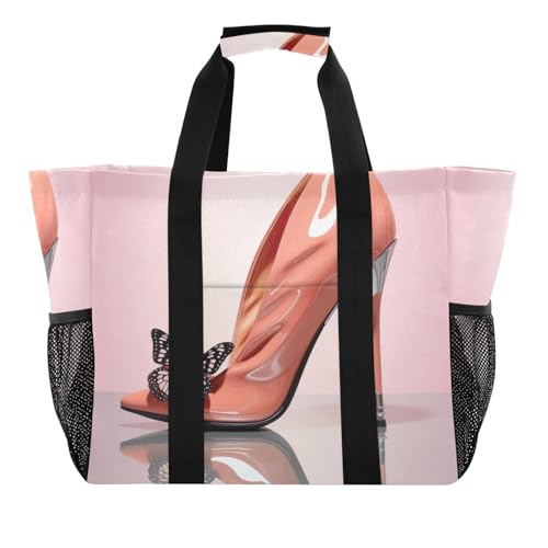 Nander Butterfly High Heels Foldable Tote Bag Waterproof Sandproof Women Beach Bag Handbag Gym Bag Travel Shopping Bag